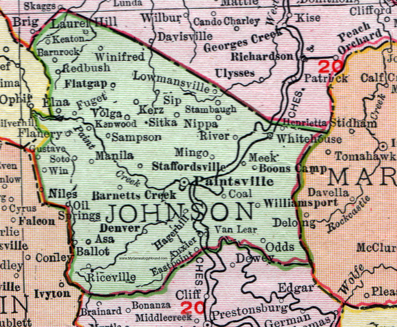 Johnson County, Kentucky 1911 Rand McNally Map Paintsville, Auxier, Staffordsville, Oil Springs, River, Mingo, Stambaugh, Van Lear, Lowmansville, Redbush, Kerz, Volga, Sitka, Nippa, KY