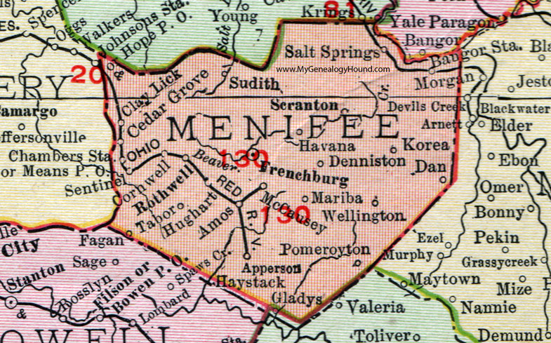 Menifee County, Kentucky 1911 Rand McNally Frenchburg, Denniston, Rothwell, Scranton, Sudith, Cornwell, Tabor, Hughart, Apperson, Wellington, Havana, Korea, McCausey, Mariba, KY