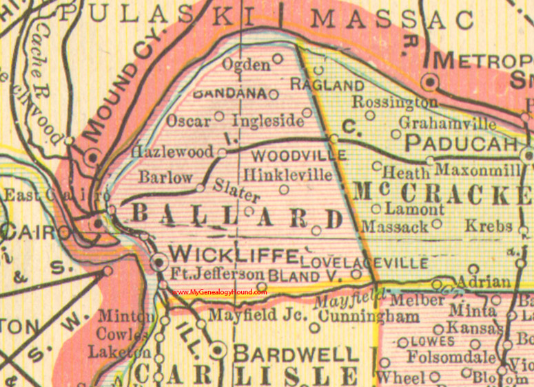 Ballard County, Kentucky 1905 Map Wickliffe, Barlow, Blandville, Ft. Jefferson, Slater, Ingleside, KY