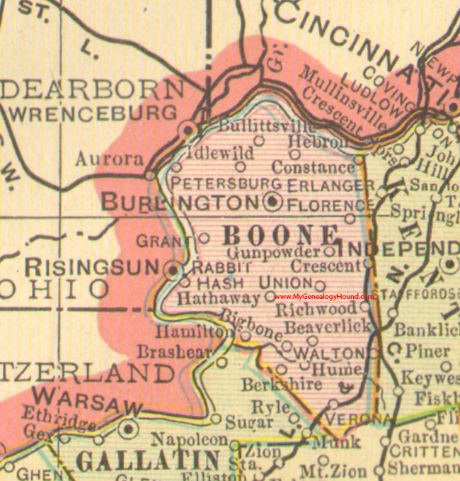 Boone County, Kentucky vintage 1905 map, Burlington, Florence, Constance, Beaversville, Gun Powder, Hebron, Idlewild, Rabbit Hash, KY