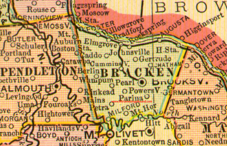 Bracken County, Kentucky 1905 Map Brooksville, Augusta, Foster, Germantown, Caddo, Berlin, Chatham, Milford, Parina, Petra, Pearl