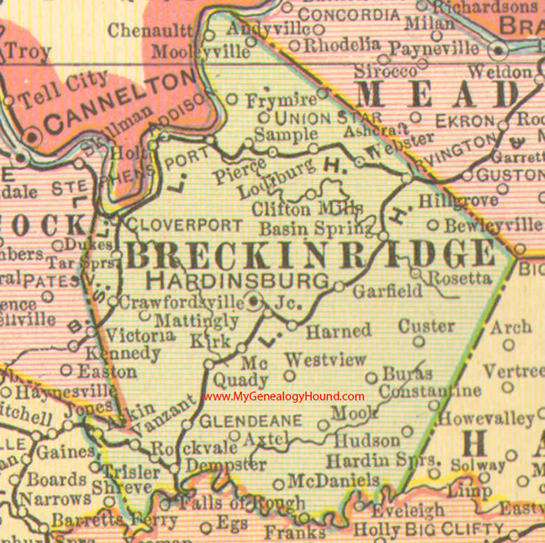 Breckinridge County, Kentucky vintage 1905 Map, Hardinsburg, KY, Cloverport, Harned, Irvington, McQuady, Stephensport, Vanzant, Union Star, Clifton Mills, Askin, Axtel, Custer, Chenaultt
