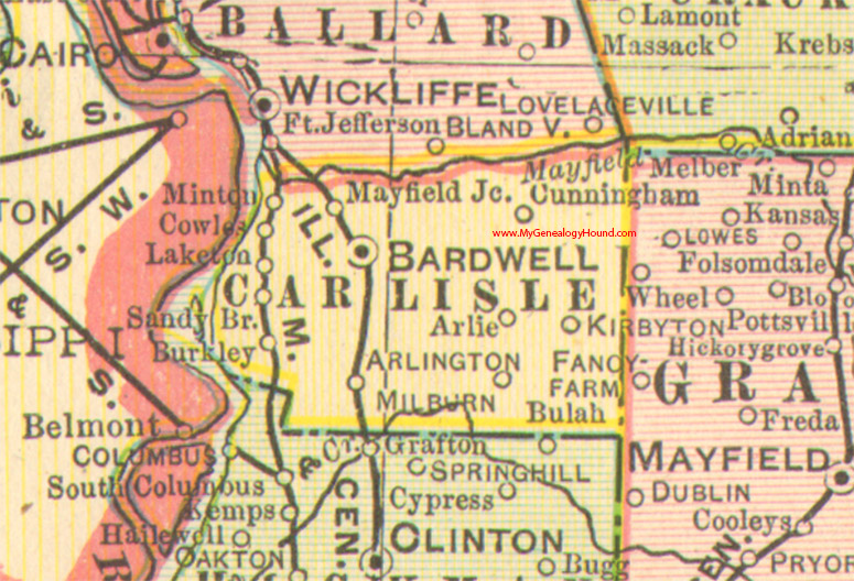 Carlisle County, Kentucky 1905 Map Arlington, Bardwell, Cunningham, Kirbyton, Laketon, Milburn, Burkley, Berkley, KY 