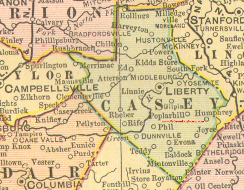 Casey County, Kentucky 1905 Map Liberty, KY, Atterson, Baldock, Bethelridge, Chilton, Evona, Gilpin, Kidds Store, Linnie, Rheber