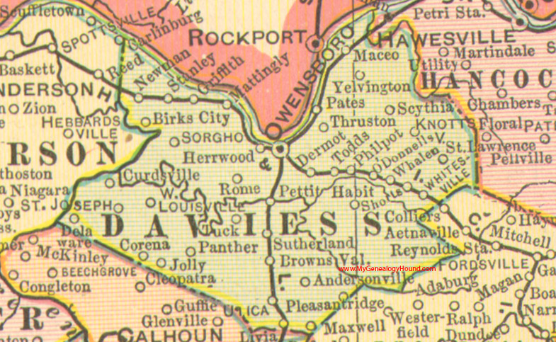 Daviess County, Kentucky vintage 1905 map Owensboro, Curdsville, Rome, Maceo, Whitesville, Scythia, Corena, Sorgho, KY