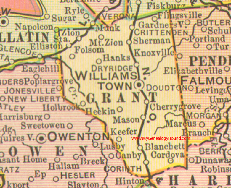 Grant County, Kentucky vintage 1905 Map, Williamstown, KY, Corinth, Crittenden, Dry Ridge, Mason, Sherman, Hanks, Heekin, Holbrook, Keefer