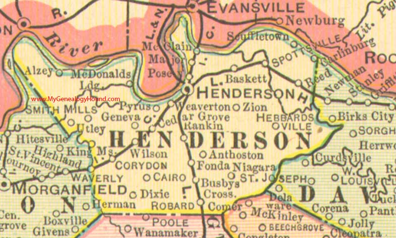 Henderson County, Kentucky 1905 Map Corydon, Reed, Robards, Smith Mills, Spottsville, Utley, Niagara, Carlinburg, KY 