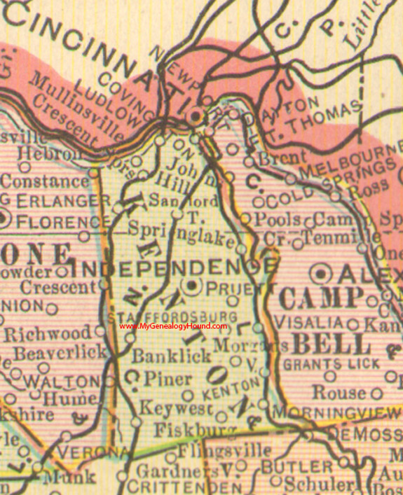 Kenton County, Kentucky vintage 1905 map, Covington, Independence, Crescent Springs, Ludlow, Visalia, Spring Lake, Erlanger, Morning View, KY 