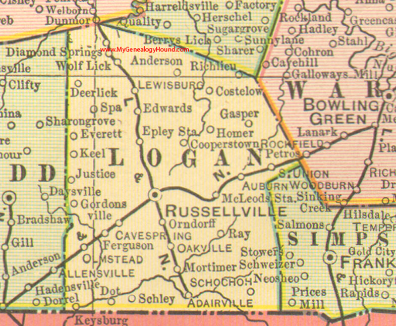 Logan County, Kentucky, vintage, 1905, map, Russellville, Adairville, Auburn, Lewisburg, Oakville, Olmstead, Gasper, Gordonsville, Wolf Lick, KY