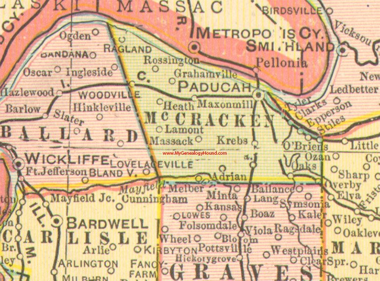 McCracken County, Kentucky 1905 Map Paducah, Krebs, Maxon Mill, Grahamville, Epperson, Oaks, Adrian, Ragland, KY