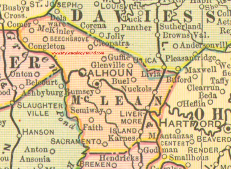 McLean County, Kentucky 1905 Vintage Map, Calhoun, Island, Livermore, Sacramento, Buel, Cleopatra, Congleton, Nuckols, Rumsey, KY 
