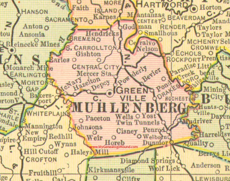 Muhlenberg County, Kentucky 1905 vintage map, Greenville, Central City, Bremen, Drakesboro, Dunmor, Powderly, South Carrollton, Horeb, Yost, KY