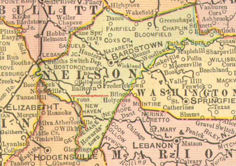 Nelson County, Kentucky 1905 Map Bardstown, KY, Bloomfield, Boston, Chaplin, Fairfield, Nazareth, New Haven, New Hope