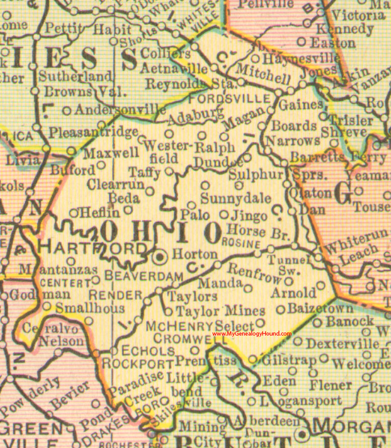 Ohio County, Kentucky vintage 1905 Map Hartford, Beaver Dam, Cromwell, Echols, Fordsville, McHenry, Rockport, KY