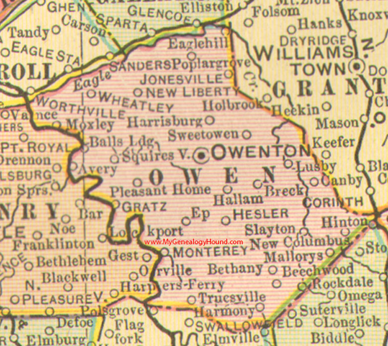 Owen County, Kentucky vintage 1905 Map, Owenton, KY, Hesler, Jonesville, New Liberty, Wheatley, Squiresville, Sweet Owen, Truesville, Gratz, Canby