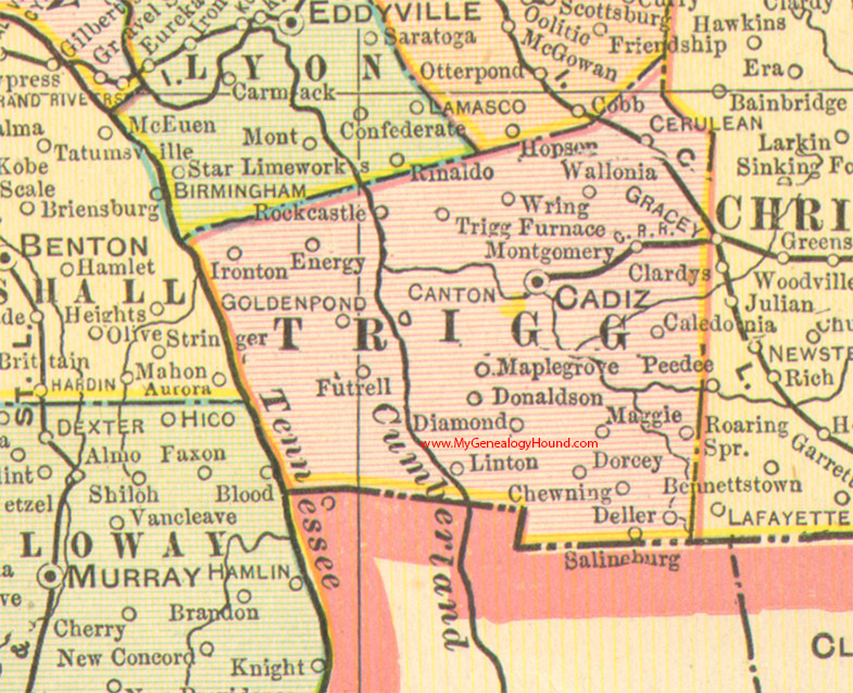 Trigg county, Kentucky 1905 vintage map, Cadiz, Canton, Donaldson, Energy, Golden Pond, Maple Grove, Roaring Spring, Rockcastle, Trigg Furnace, KY