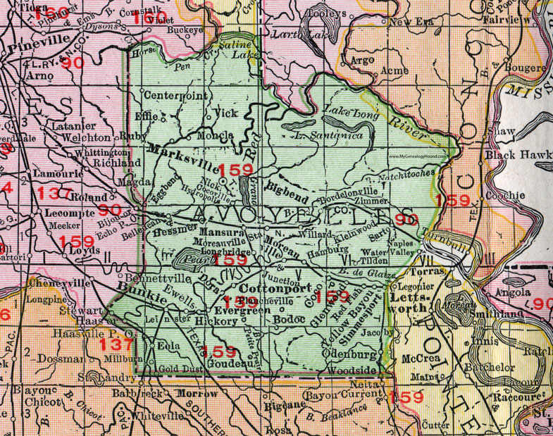 Avoyelles Parish, Louisiana, 1911, Map, Rand McNally, Marksville, Cottonport, Bunkie, Mansura, Moreauville, Simmesport, Goudeau, Plaucheville