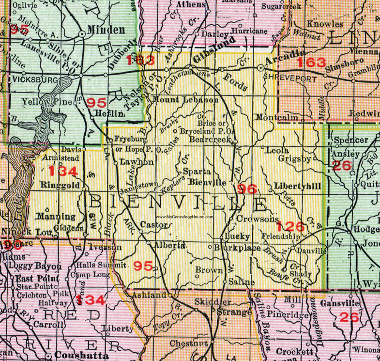 Bienville Parish, Louisiana, 1911, Map, Rand McNally, Arcadia, Gibsland, Ringgold, City of Bienville, Bryceland, Saline, Danville, Ada