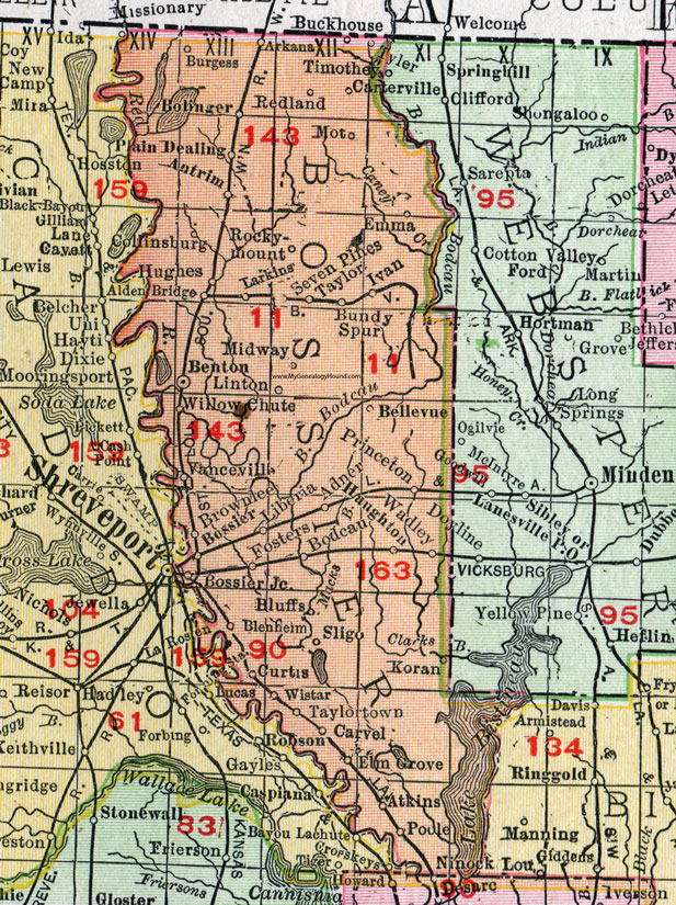 Bossier Parish, Louisiana, 1911, Map, Rand McNally, Bossier City, Benton, Brownlee, Haughton, Sligo, Plain Dealing, Elm Grove, Carvel