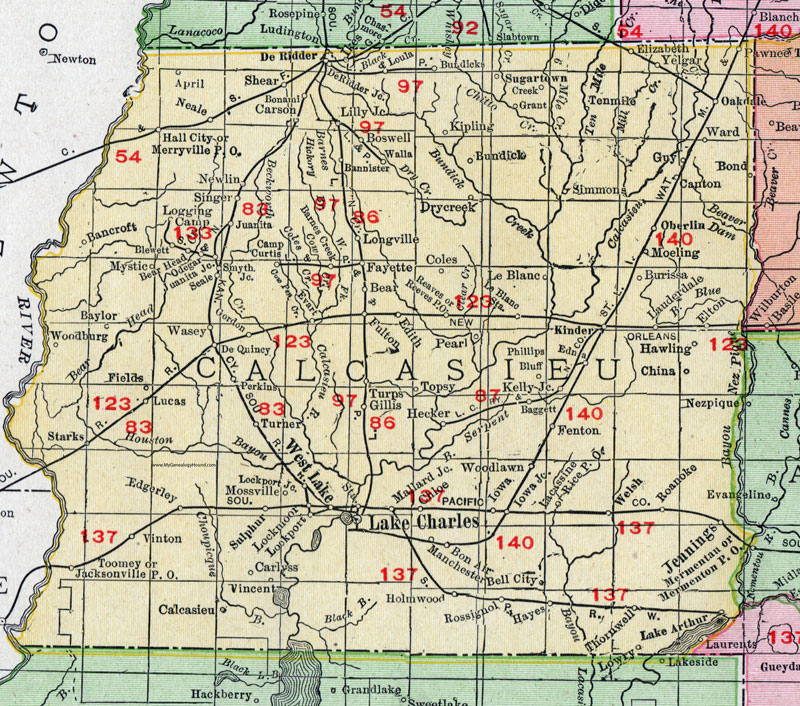 Calcasieu Parish, Louisiana, 1911, Map, Rand McNally, West Lake, Lake Charles, Sulphur, Vinton, De Quincy, Jennings, Welsh, Oberlin, Kinder