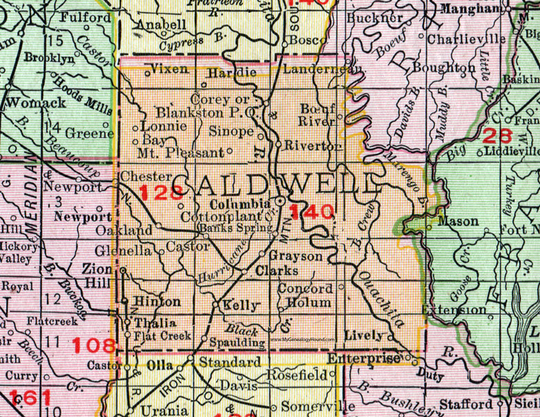Caldwell Parish, Louisiana, 1911, Map, Rand McNally, Columbia, Clarks, Grayson, Kelly, Riverton, Spaulding, Hinton, Sinope