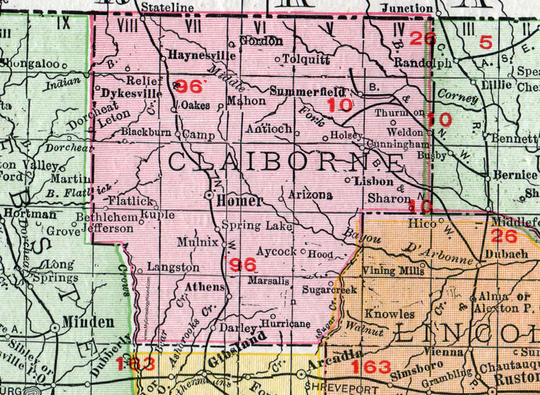 Claiborne Parish, Louisiana, 1911, Map, Rand McNally, Homer, Haynesville, Athens, Lisbon, Summerfield, Antioch, Sugar Creek