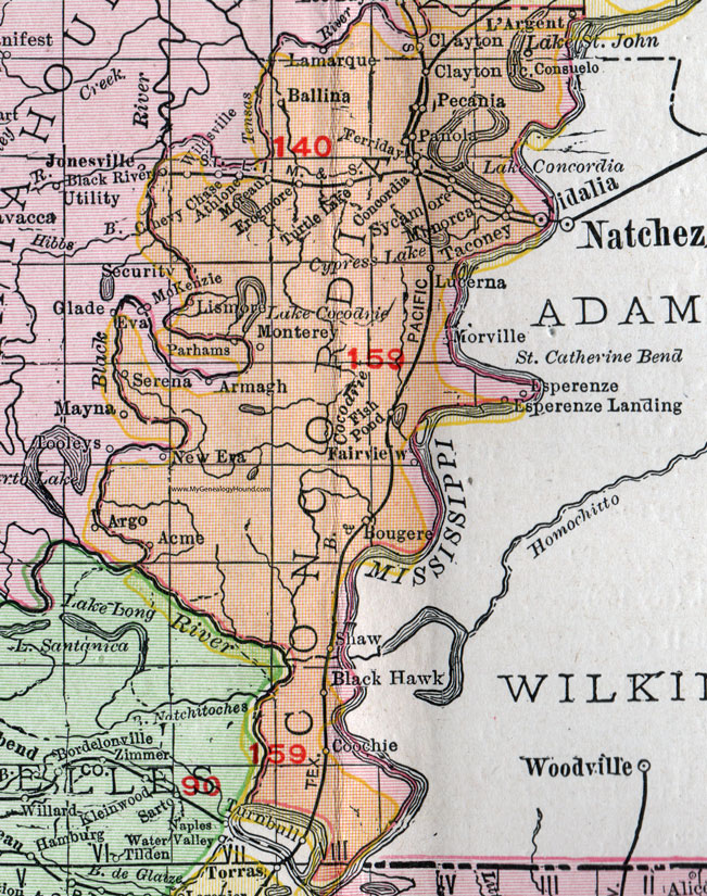 Concordia Parish, Louisiana, 1911, Map, Rand McNally, Vidalia, Clayton, Ferriday, Frogmore, Wildsville, Monterey, Acme, New Era