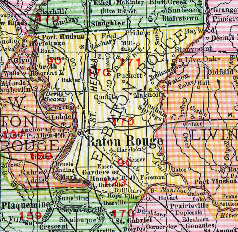 East Baton Rouge Parish, Louisiana, 1911, Map, Rand McNally, City of Baton Rouge, Baker, Zachary, Port Hudson, Scotlandville, Pride