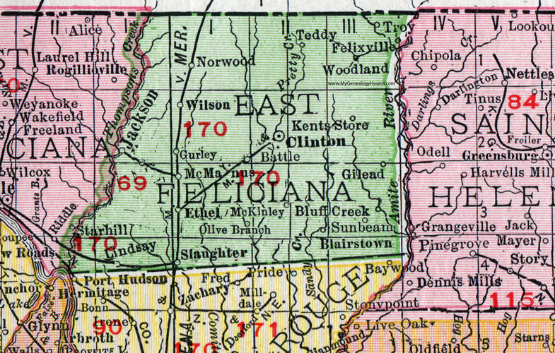 East Feliciana Parish, Louisiana, 1911, Map, Rand McNally, Clinton, Wilson, Jackson, Norwood, McManus, Gurley, Felixville, Slaughter