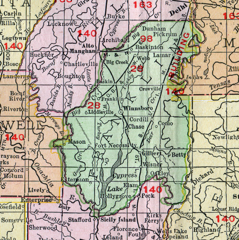 Franklin Parish, Louisiana, 1911, Map, Rand McNally, Winnsboro, Crowville, Gilbert, Baskin, Wisner, Liddieville, Fort Necessity, Chase