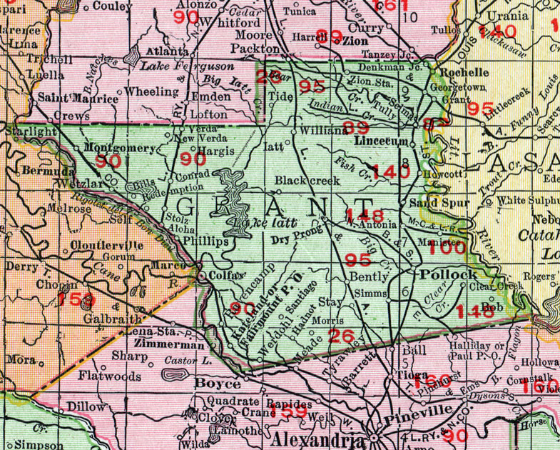 Grant Parish, Louisiana, 1911, Map, Rand McNally, Colfax, Pollock, Antonia, Dry Prong, Verda, Georgetown, Aloha, Montgomery, Bentley
