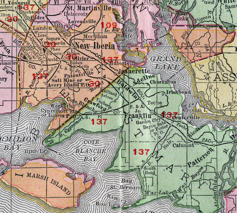 Iberia Parish, Louisiana, 1911, Map, Rand McNally, New Iberia, Jeanerette, Avery Island, Oliver, Loreauville, Lydia, Patoutville, Hubertville