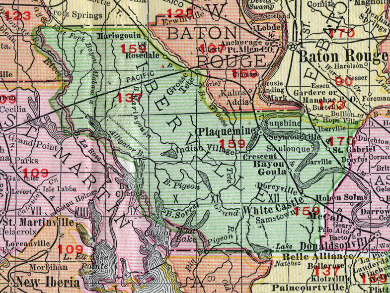 Iberville Parish, Louisiana, 1911, Map, Rand McNally, Plaquemine, White Castle, Crescent, Maringouin, Rosedale, Grosse Tete, St. Gabriel, Carville