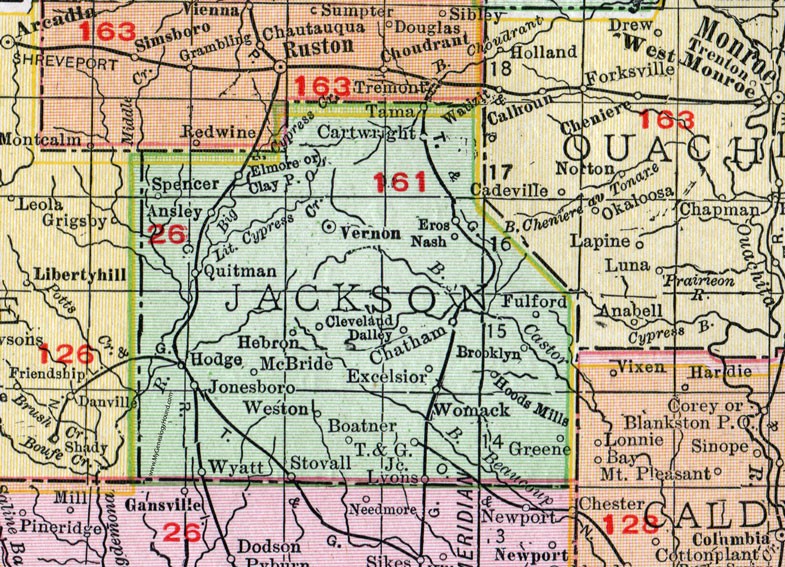 Jackson Parish, Louisiana, 1911, Map, Rand McNally, Jonesboro, Vernon, Chatham, Quitman, Hodge, Weston, Ansley, Wyatt