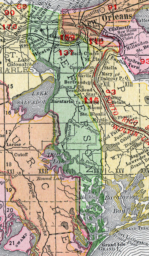 Jefferson Parish, Louisiana, 1911, Map, Rand McNally, Gretna, Kenner, Harvey, Westwago, Waggaman, Avondale, Crown Point, Barataria