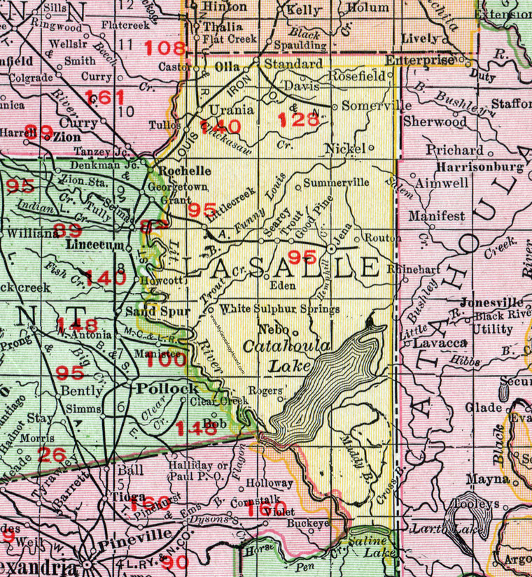 La Salle Parish, Louisiana, 1911, Map, Rand McNally, Jena, Tullos, Urania, Nebo, Trout, Olla, Standard, Summerville, Searcy