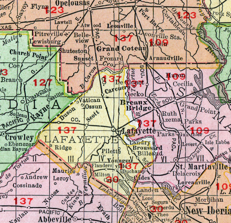 Lafayette Parish, Louisiana, 1911, Map, Rand McNally, City of Lafayette, Broussard, Carencro, Youngsville, Scott, Duson, Milton, Capitan, Flanders