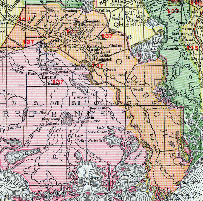 Lafourche Parish, Louisiana, 1911, Map, Rand McNally, Thibodaux, Raceland, Mathews, Cut Off, Larose, Lockport, Gheens, Godchaux, Bowie