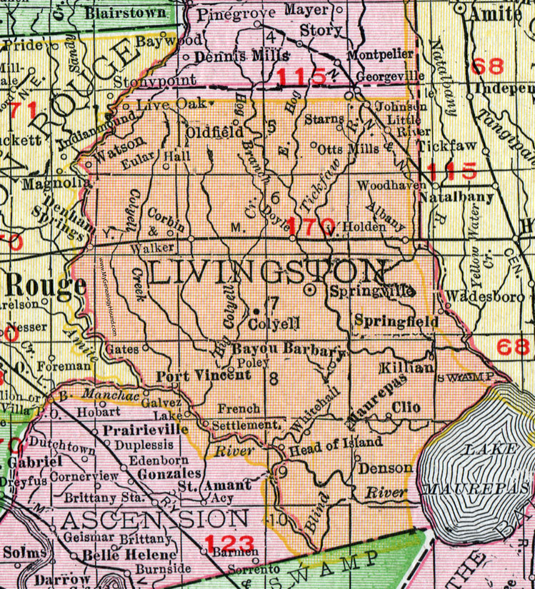 Livingston Parish, Louisiana, 1911, Map, Rand McNally, Springville, Holden, French Settlement, Albany, Walker, Denham Springs, Watson, Port Vincent, Springfield