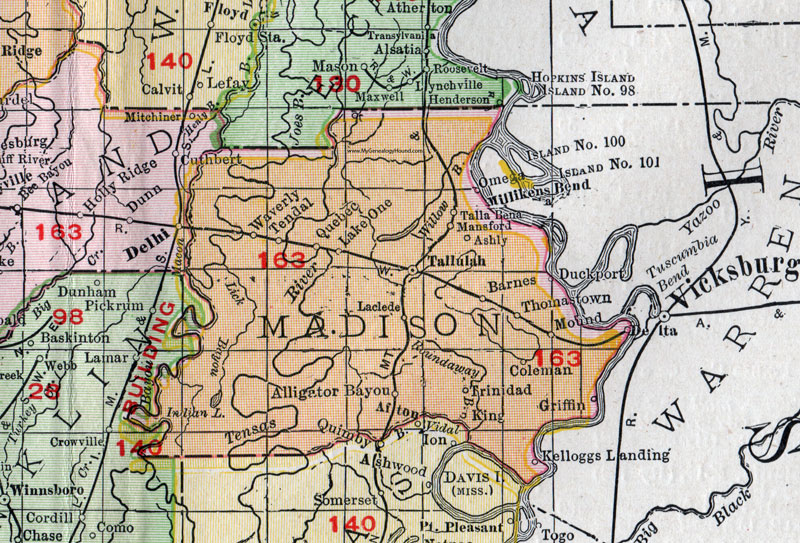 Madison Parish, Louisiana, 1911, Map, Rand McNally, Tallulah, Tendal, Mound, Delta, Mansford, Ashly, Talla Bena, Duckport, Coleman