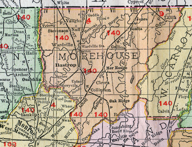 Morehouse Parish, Louisiana, 1911, Map, Rand McNally, Bastrop, Collinston, Mer Rouge, Sheltons, Wardville, Bonita, Galion, Jones, Spyker
