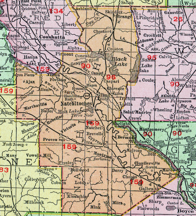 Natchitoches Parish, Louisiana, 1911, Map, Rand McNally, City of Natchitoches, Natchez, Provencal, Powhatan, Marthaville, Campti, Goldonna, Ashland, Creston