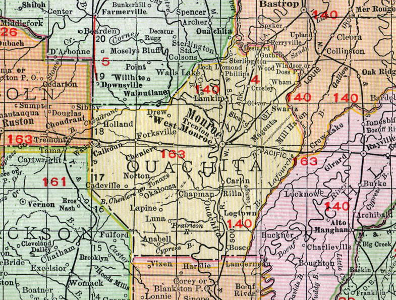 Ouachita Parish, Louisiana, 1911, Map, Rand McNally, Monroe, West Monroe, Sicard, Sterlington, Swartz, Logtown, Calhoun, Lamkin