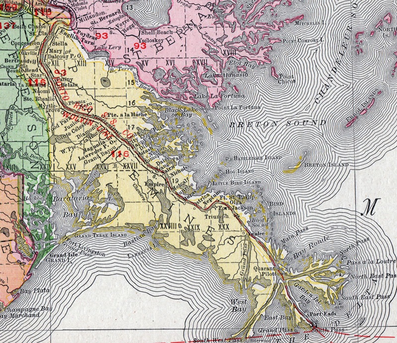 Plaquemines Parish, Louisiana, 1911, Map, Rand McNally, Pointe a la Hache, Venice, Buras, Empire, Nairn, Triumph, Phoenix, Happy Jack