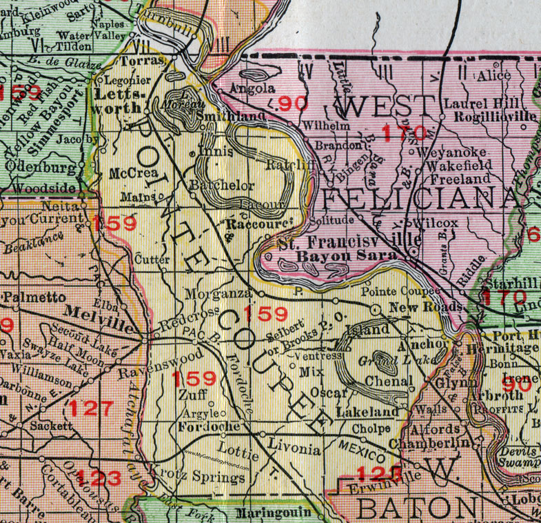 Pointe Coupee Parish, Louisiana, 1911, Map, Rand McNally, New Roads, Batchelor, Morganza, Fordoche, Lottie, Livonia, Lakeland, Oscar
