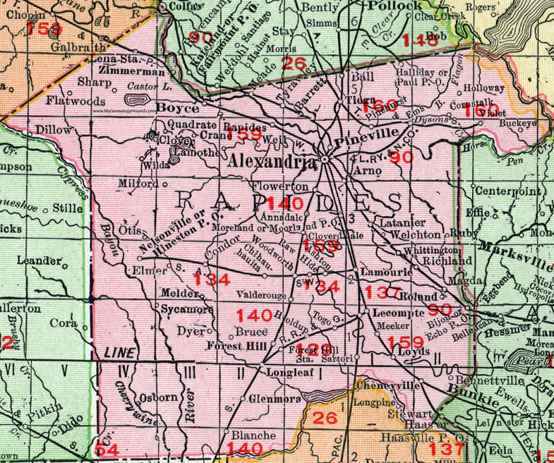 Rapides Parish, Louisiana, 1911, Map, Rand McNally, Alexandria, Boyce, Tioga, Glenmora, Forest Hill, Lecompte, Cheneyville, Pineville