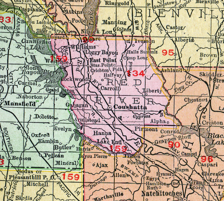 Red River Parish, Louisiana, 1911, Map, Rand McNally, Coushatta, Hall Summit, Hanna, Lake End, East Point, Westdale, Gahagan, Crichton