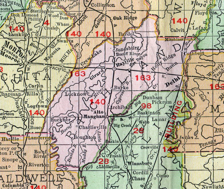 Richland Parish, Louisiana, 1911, Map, Rand McNally, Rayville, Delhi, Dunn, Archibald, Mangham, Alto, Charlieville, Boughton, Lucknow