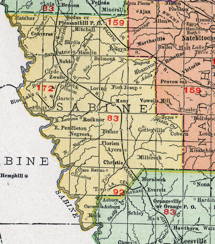 Sabine Parish, Louisiana, 1911, Map, Rand McNally, Many, Zwolle, Converse, Pleasant Hill, Noble, Fisher, Florien, Negreet