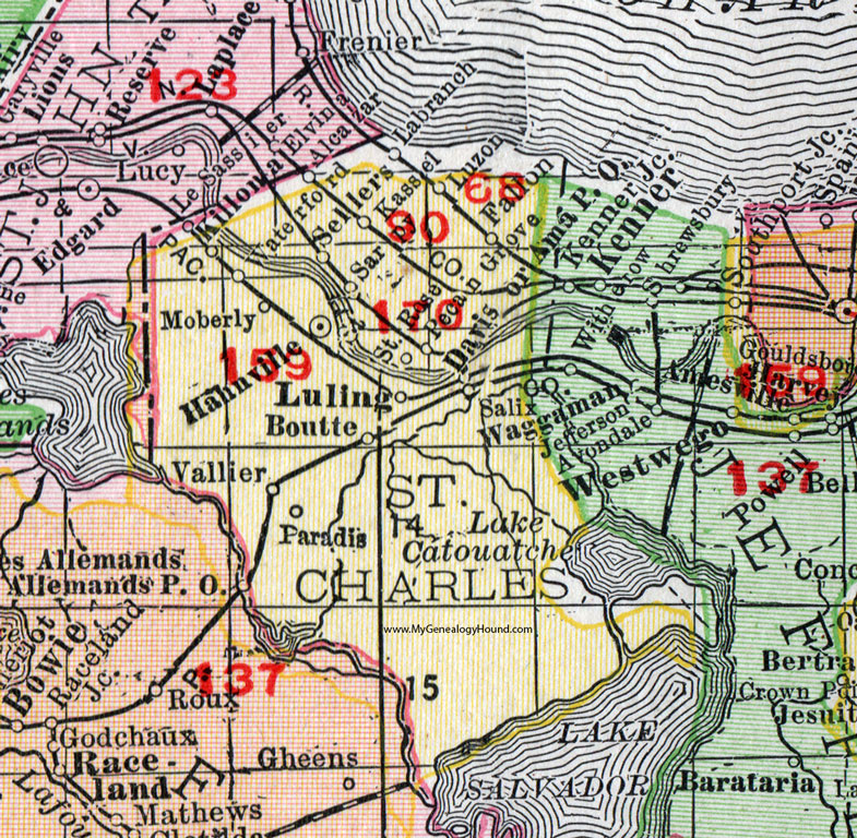 St. Charles Parish, Louisiana, 1911, Map, Rand McNally, Hahnville, Luling, Boutte, Paradis, Des Allemands, Killona, Sarpy, St. Rose, Ama